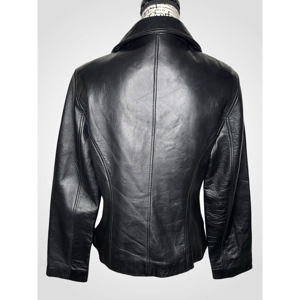 Vtg Y2K Guess Leather Bomber Jacket Womens LG Black Full Zip Biker 90s Grunge - Picture 8 of 12